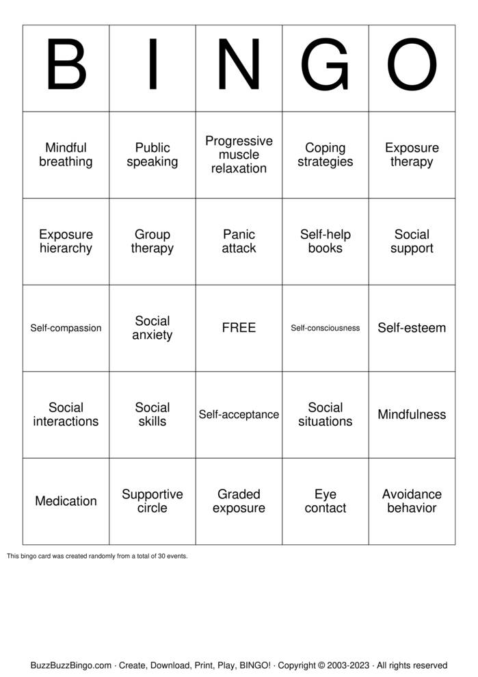 Download Free Social Anxiety Support Groups Bingo Cards