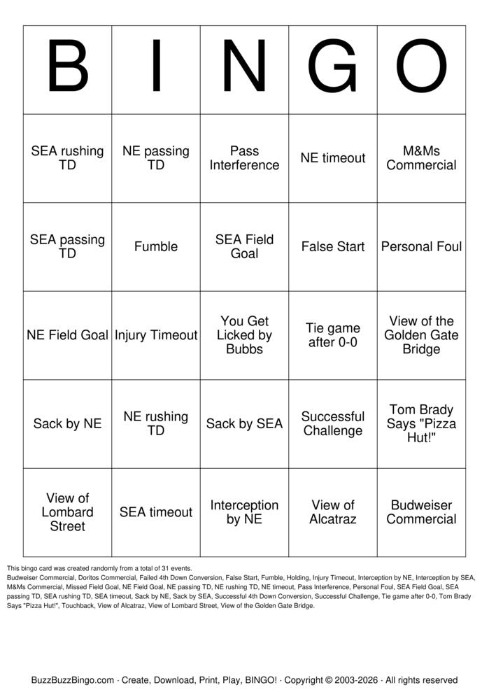 Super Bowl LX - SEA vs NE Bingo Cards to Download, Print and Customize!