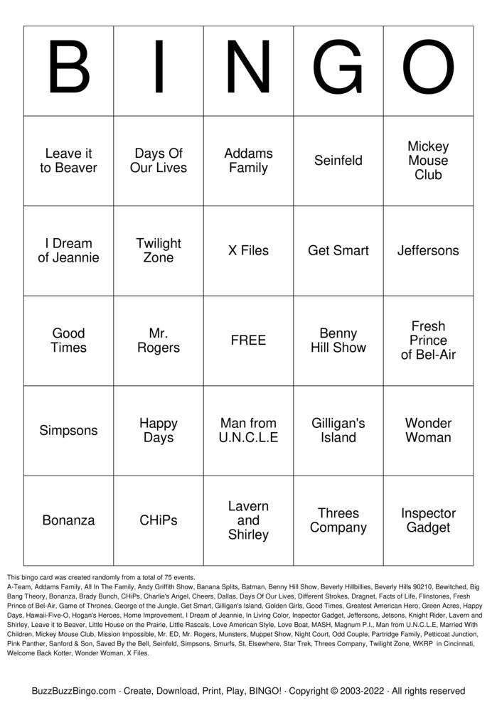 Download Free TV Theme Bingo Bingo Cards