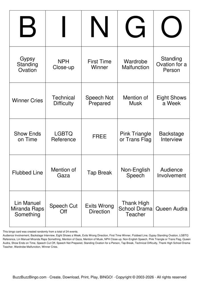 Download Free Tony Awards Bingo Cards