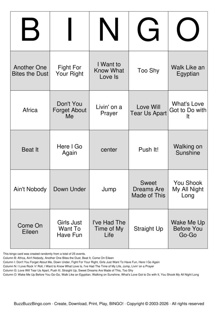 Download Free 80s Hit Songs 1 Bingo Cards