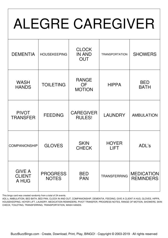 Download Free CAREGIVER  Bingo Cards