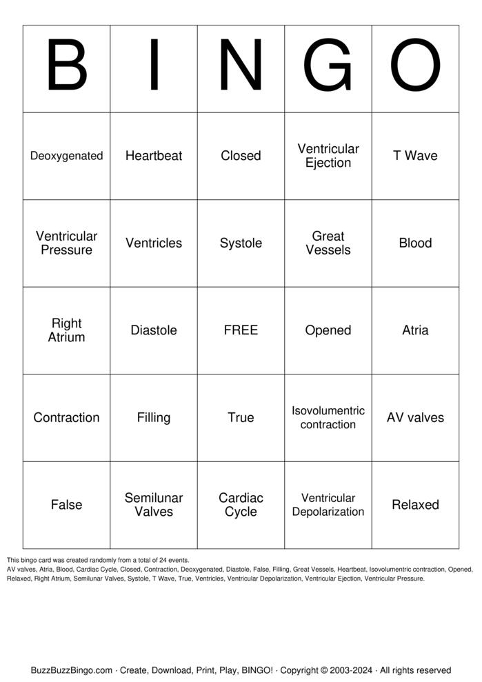 Cardiac Cycle Bingo Cards to Download, Print and Customize!