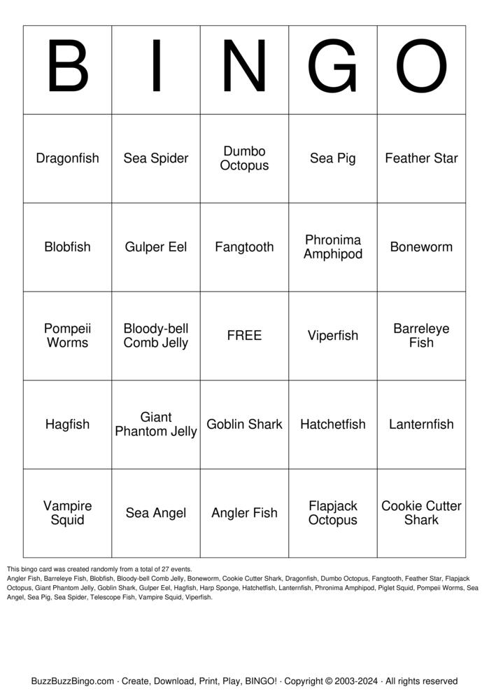 Download Free Deep Sea Animals Bingo Cards