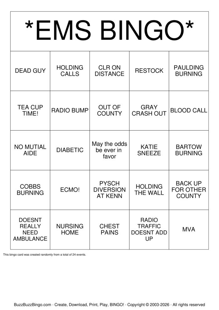 Download Free EMS BINGO Bingo Cards Download Free EMS BINGO Bingo Cards