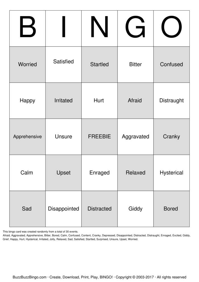 Download Free Emotions Bingo Cards