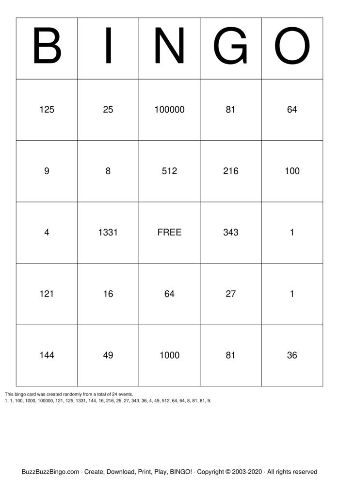 Download Free Exponents Bingo Cards Download Free Exponents Bingo Cards