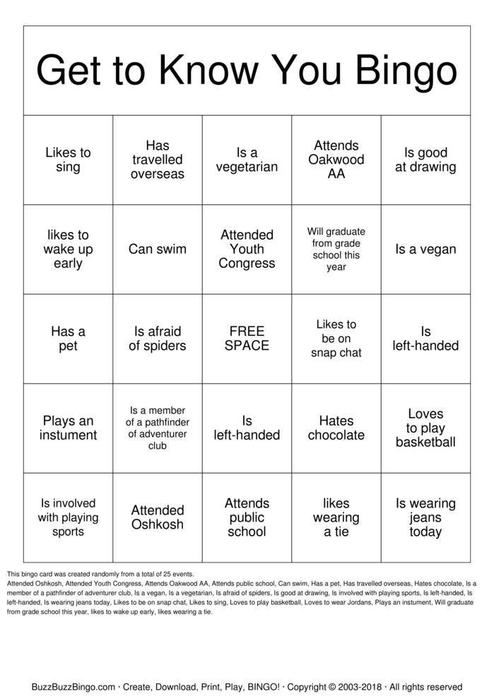 Getting To Know You Bingo Template