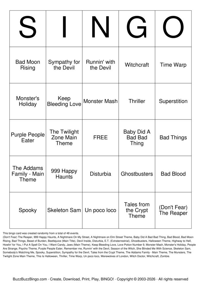 Download Free Halloween Singo Bingo Cards