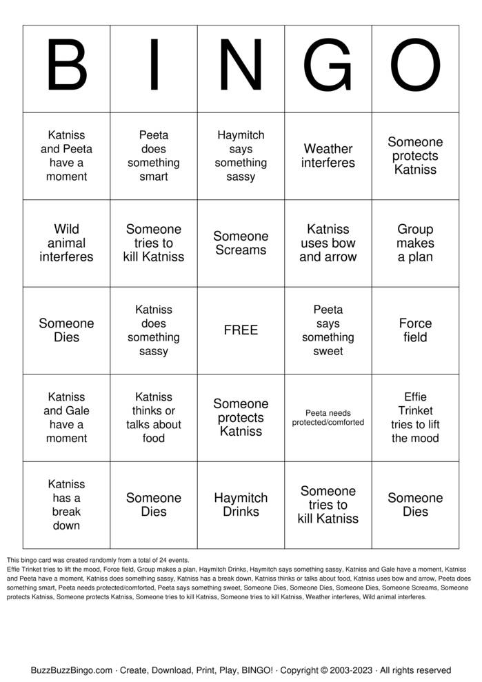 Download Free Hunger Games Bingo Cards Download Free Hunger Games Bingo Cards