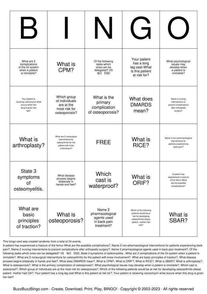 Download Free Immobility  Bingo Cards