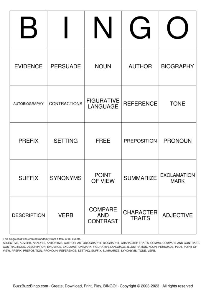 Download Free Language Arts Vocabulary Review Bingo Cards
