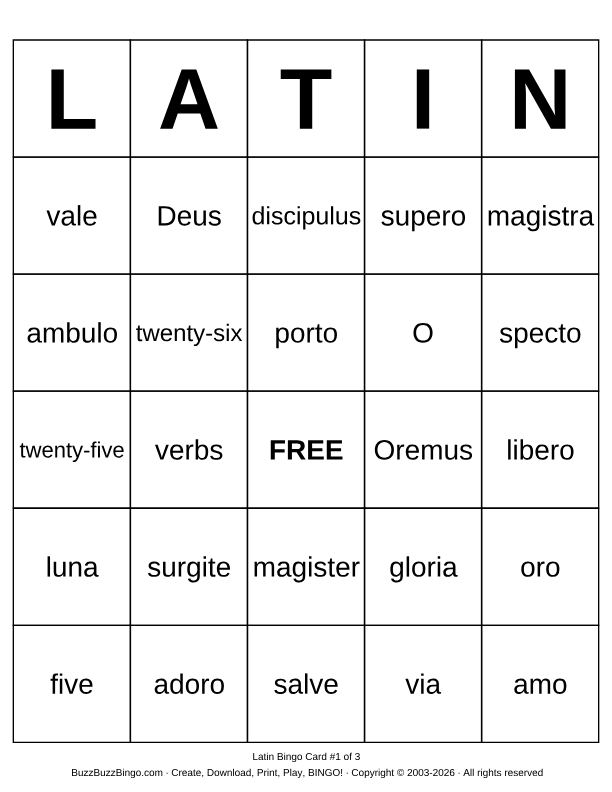 Download Free Latin Bingo Cards Download Free Latin Bingo Cards