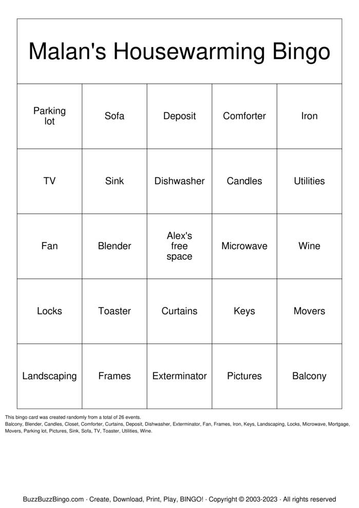 Malan's Housewarming Bingo Cards to Download, Print and Customize!