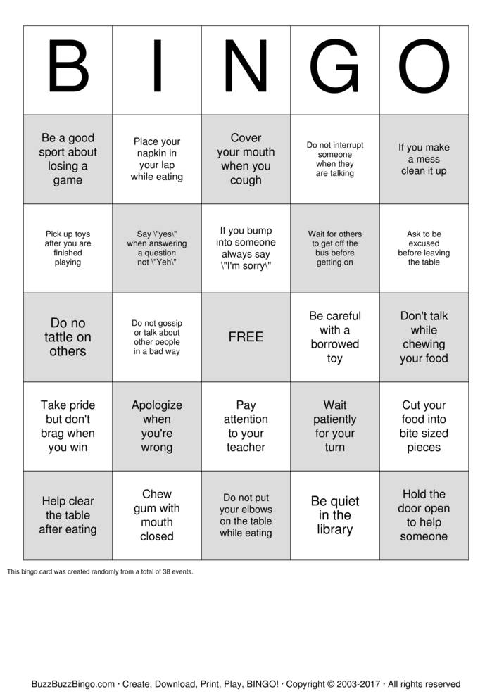Download Free Manners Bingo Cards