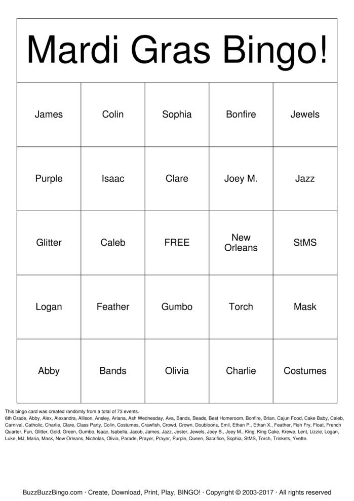 Mardi Gras Bingo Bingo Cards to Download, Print and Customize!