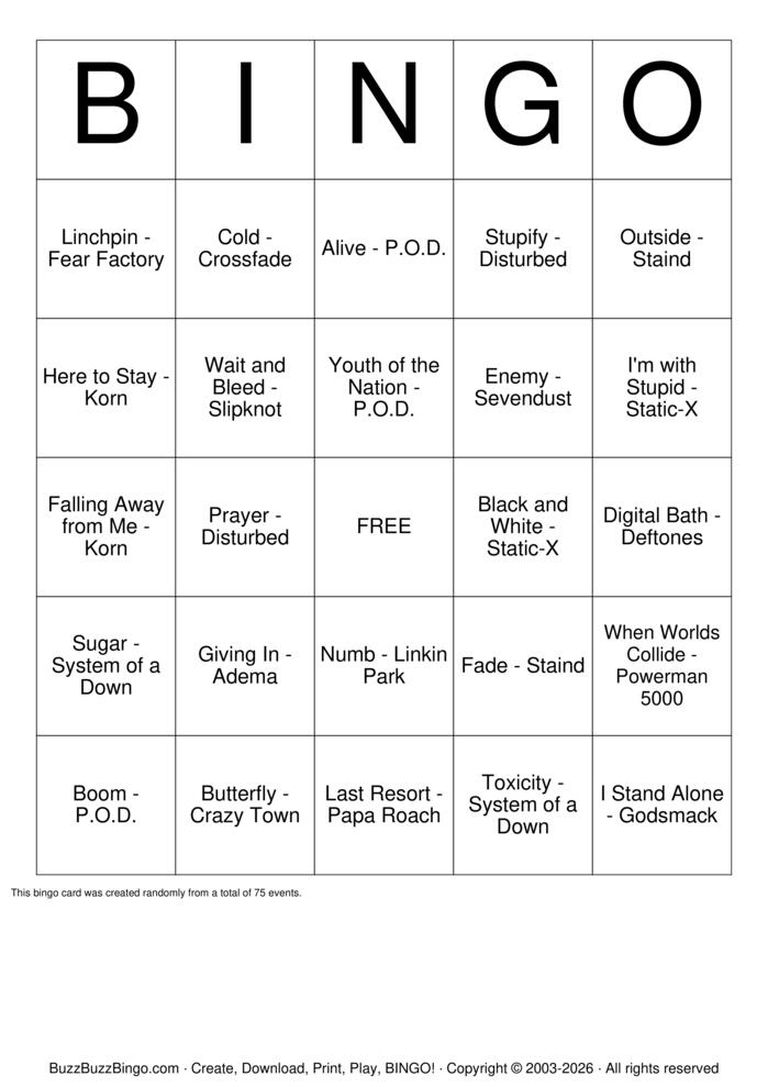 Download Free Nu Metal Bingo Cards