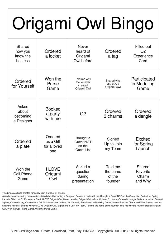 Download Free Origami Owl Bingo Cards