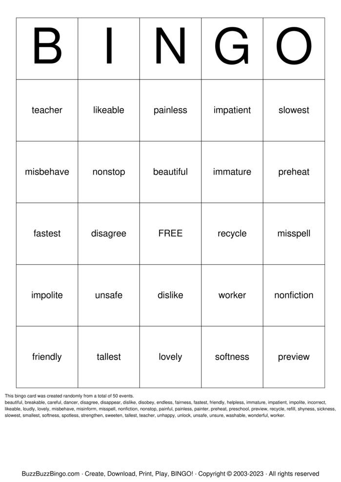 Prefix/Suffix BINGO Bingo Cards to Download, Print and Customize!