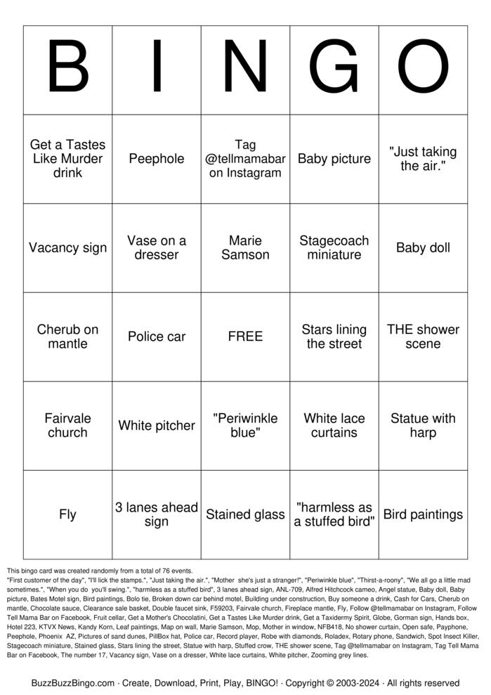 Download Free Psycho Bingo Cards
