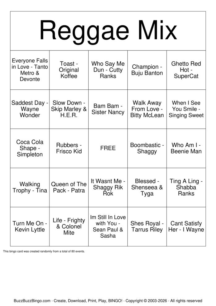 Download Free Reggae Music Mix Bingo Cards Download Free Reggae Music Mix Bingo Cards