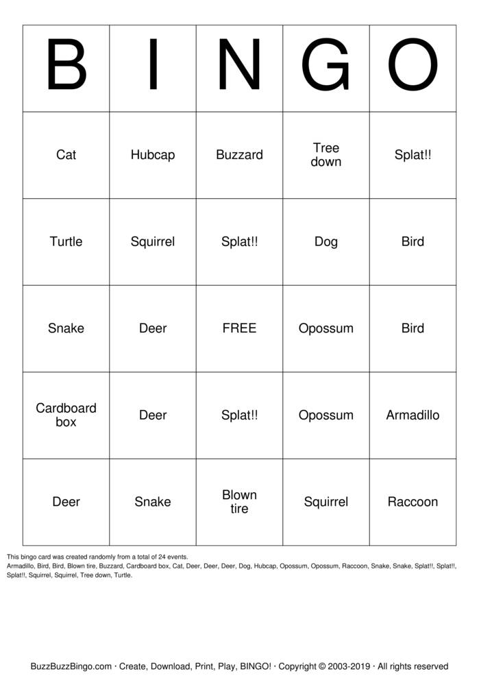 Download Free Road Kill Bingo Bingo Cards