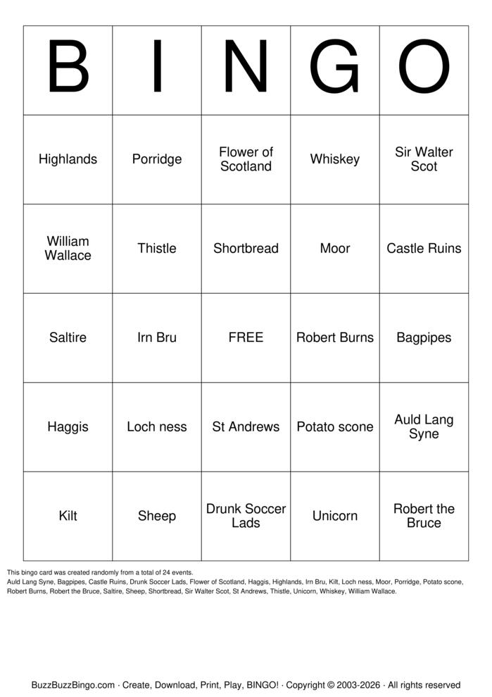 Download Free Scotland  Bingo Cards