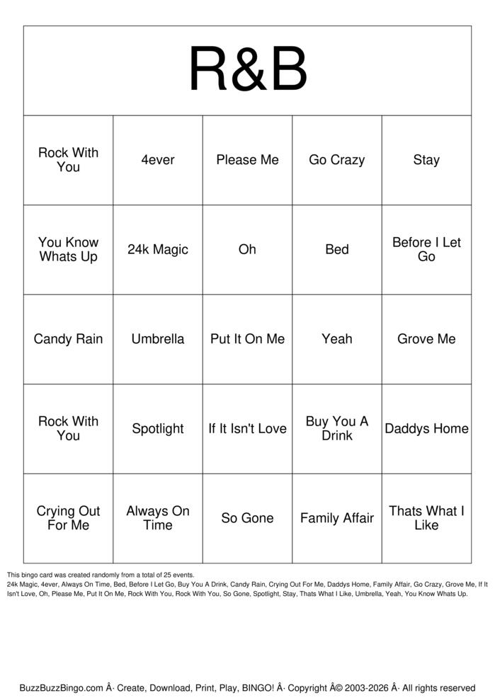 Download Free THE GARAGE R&B BINGO Bingo Cards