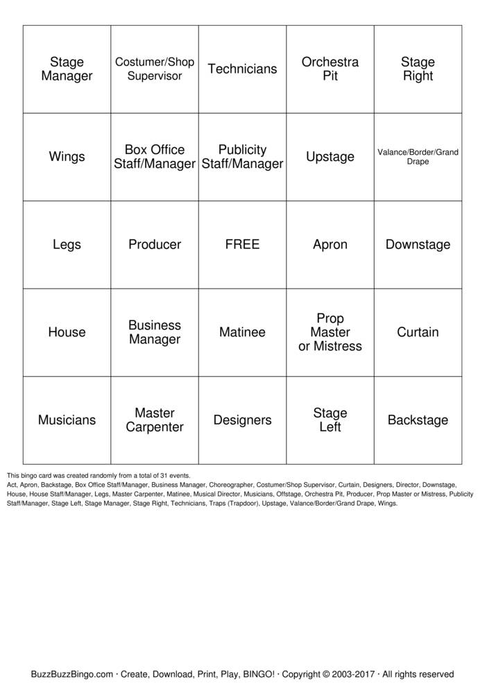 Theatre Hierarchy/ Stage Terms Bingo Cards to Download, Print and ...