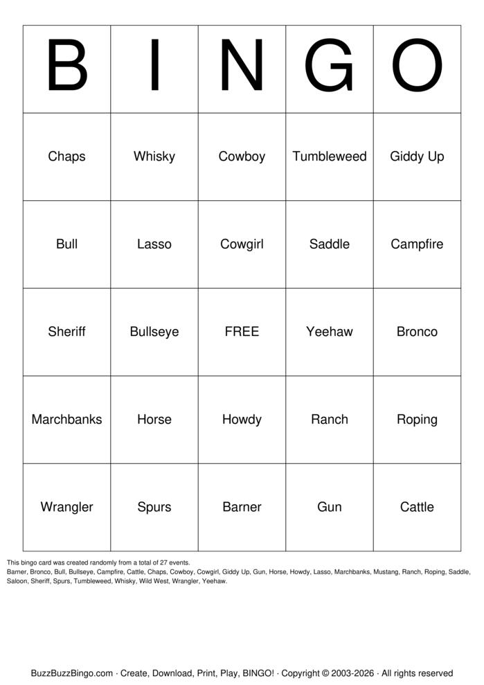 Download Free Western Round-Up Bingo Cards
