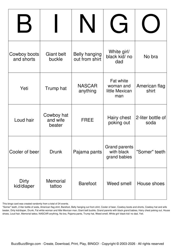 Download Free White trash Bingo Cards Download Free White trash Bingo Cards