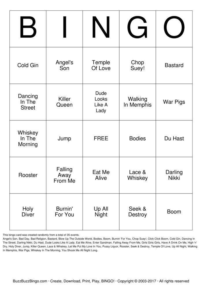 classic rock Bingo Cards to Download, Print and Customize!