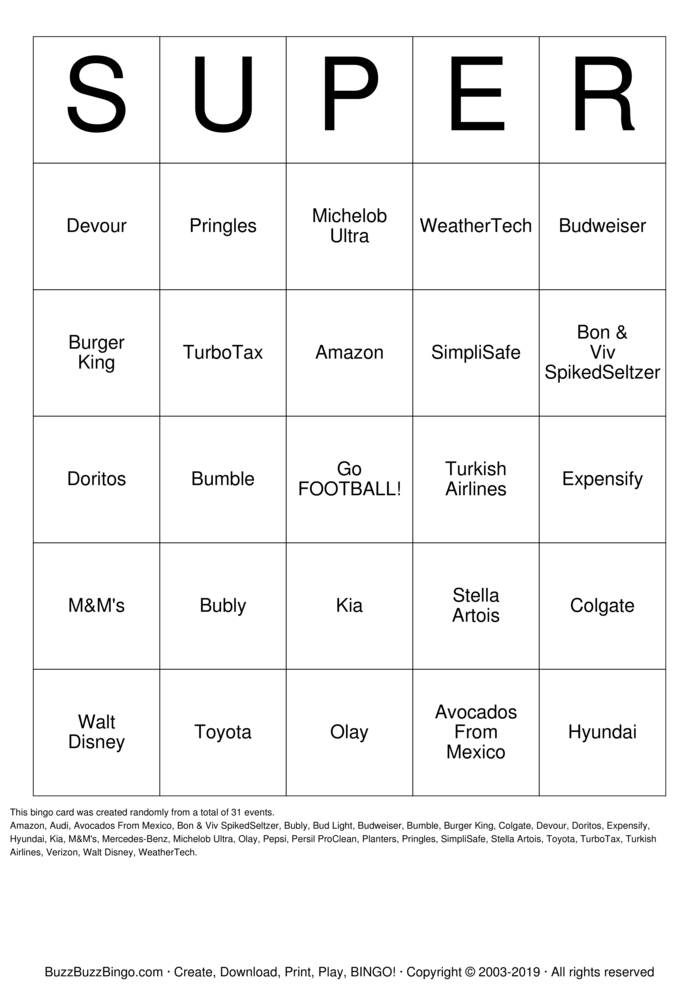 2019 Superbowl Party Bingo Cards to Download, Print and Customize!