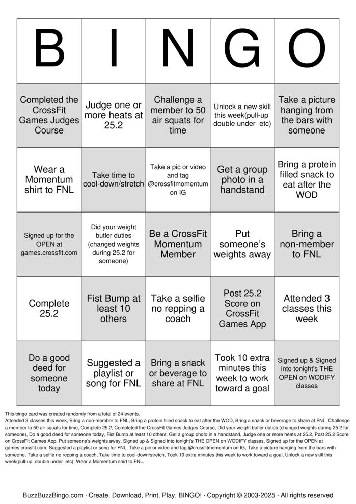 25.2 CrossFit Momentum OPEN 2025 Bingo Cards to Download, Print and ...