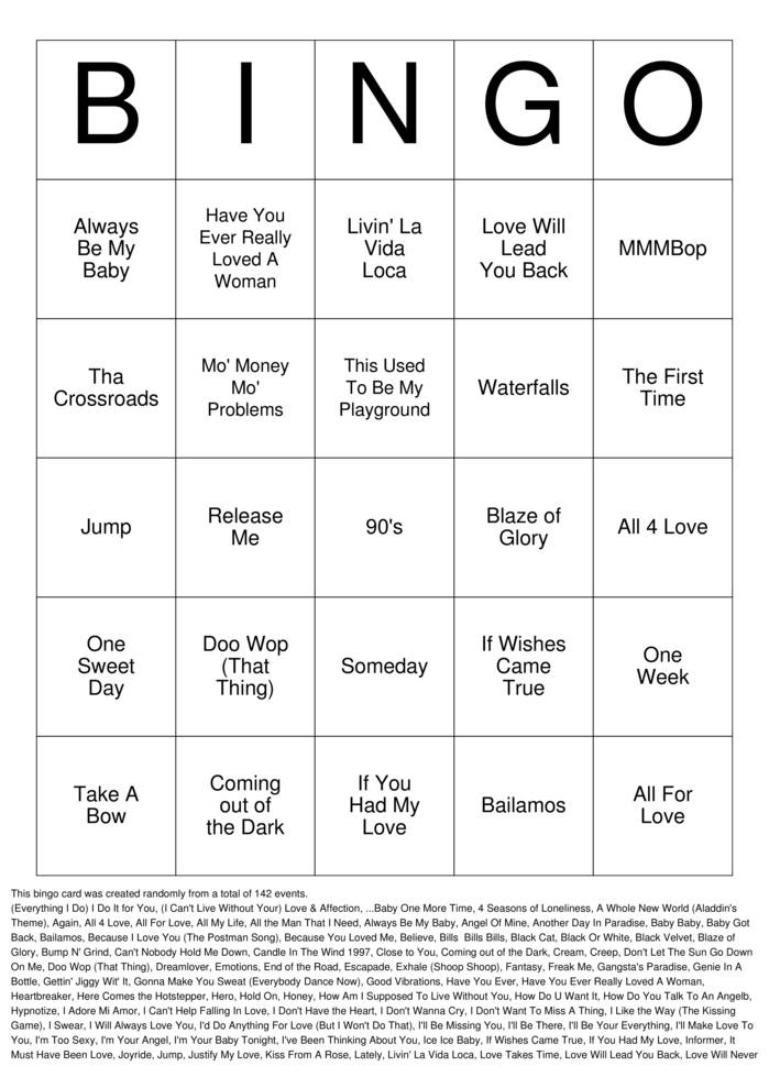 Download Free 90's Songs Bingo Cards