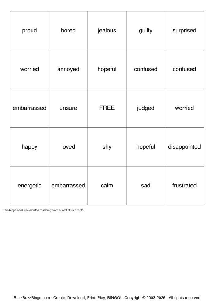 Download Free A time I felt... Bingo Cards