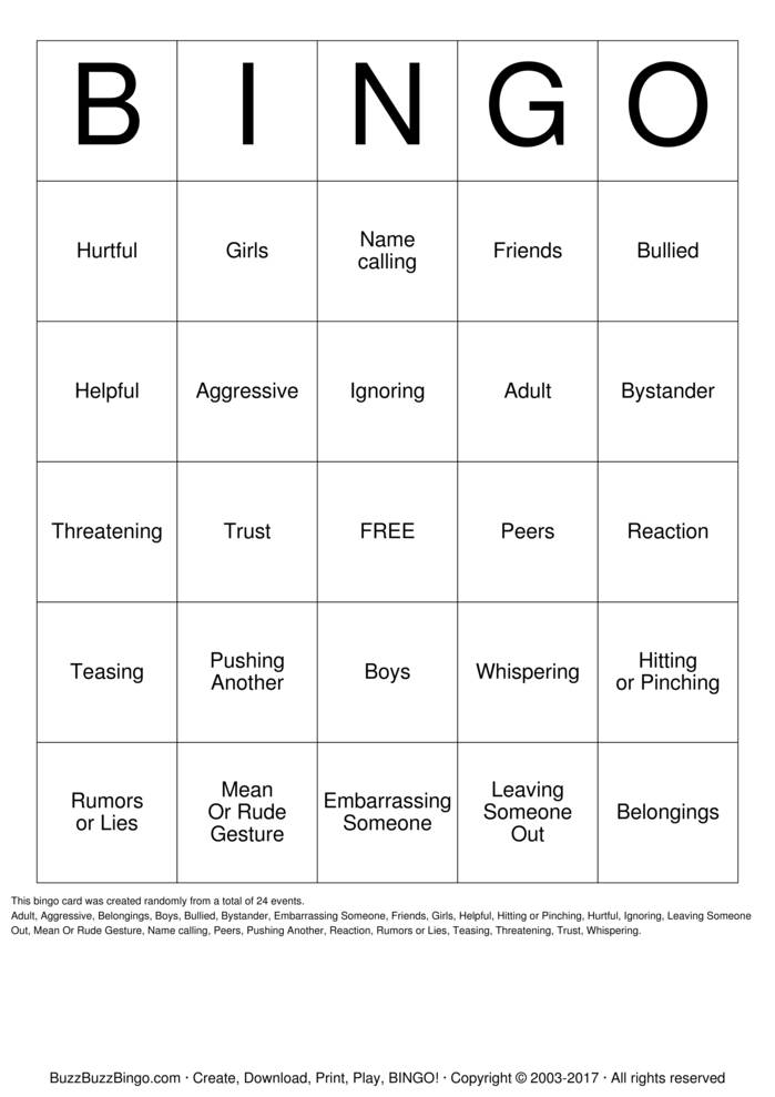 Download Free Bully Prevention Bingo Cards