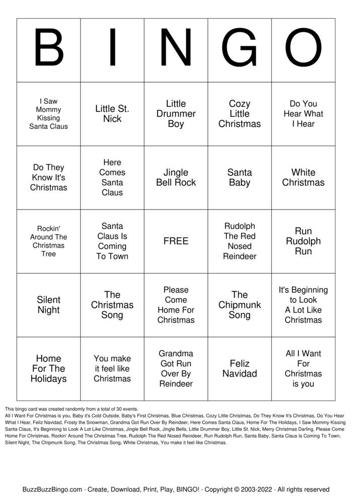 Download Free Christmas Songs Bingo Cards