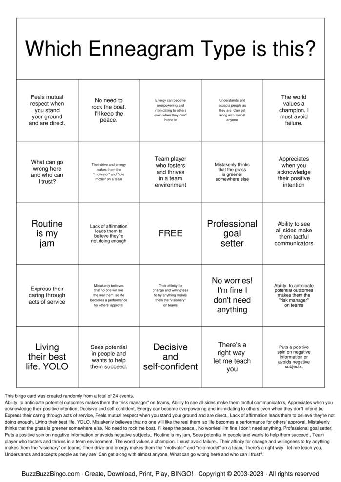 Download Free DaVita University Enneagram Bingo Bingo Cards