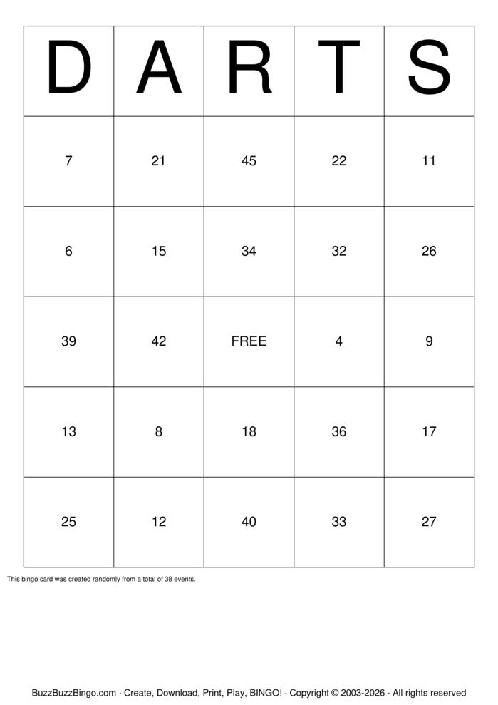 Download Free Darts Bingo Cards