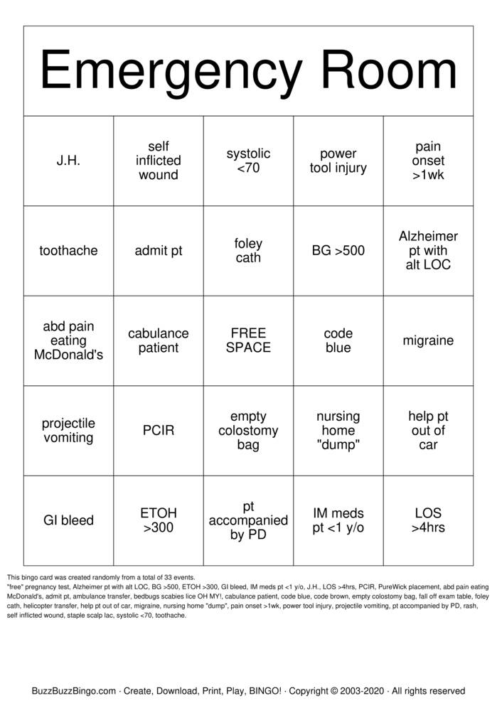 Download Free Emergency Room Bingo Cards Download Free Emergency Room Bingo Cards