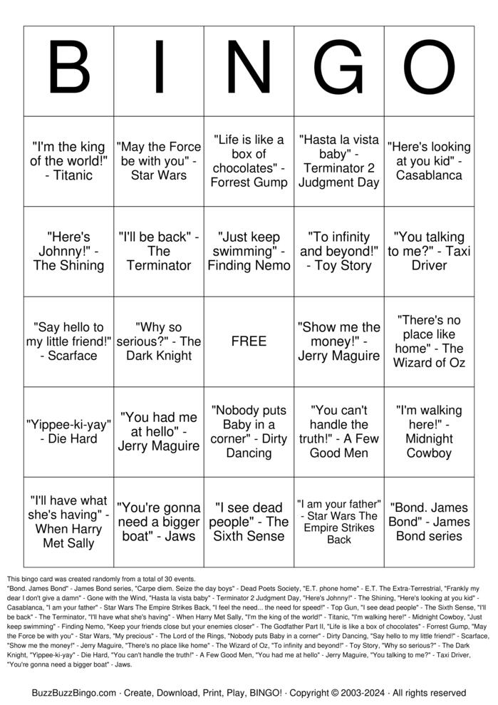 Download Free Famous Movie Quotes Bingo Cards