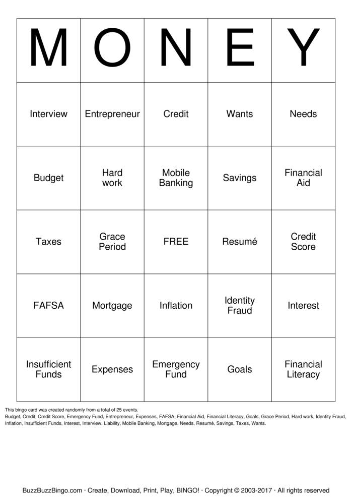 Download Free Financial Literacy Bingo Cards