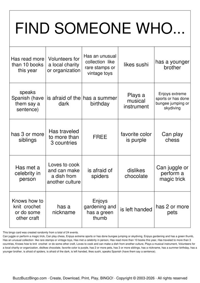 Download Free Find Someone Who... Bingo Cards