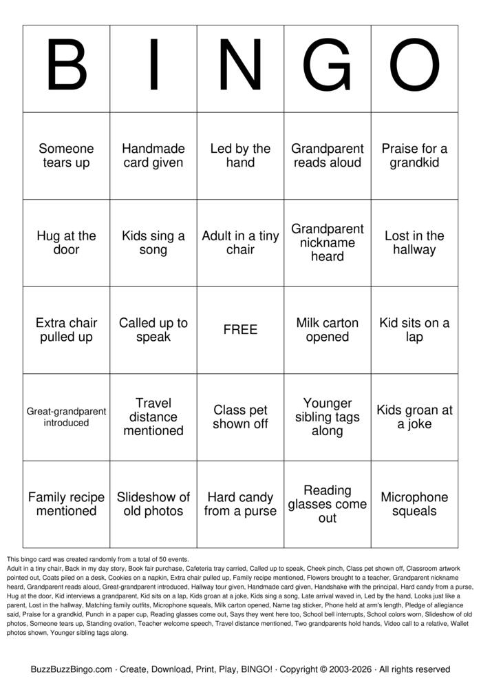 Download Free Grandparents Day Bingo Cards