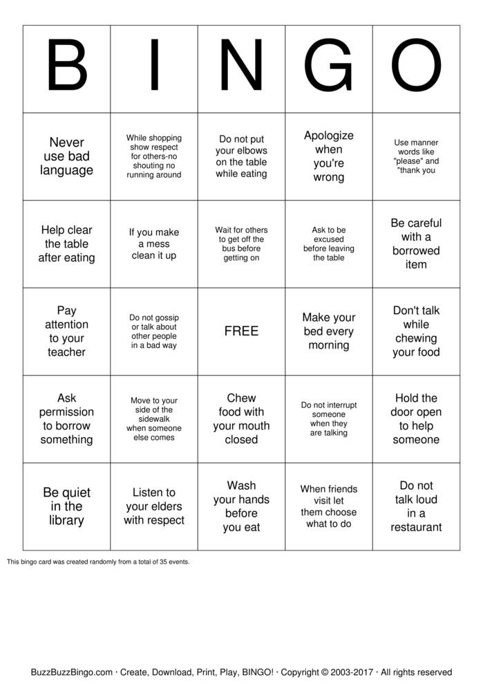 Download Free Manners Bingo Cards