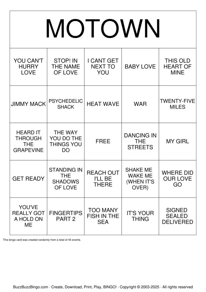 Download Free Motown  Bingo Cards