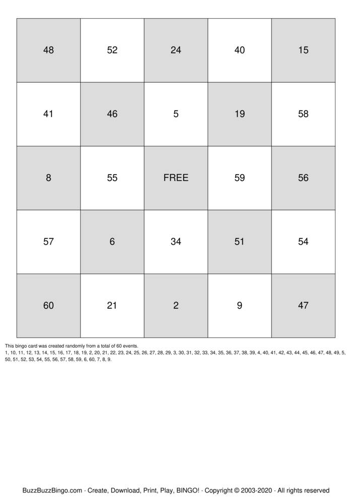 Numbers 1-60 Bingo Cards to Download, Print and Customize!