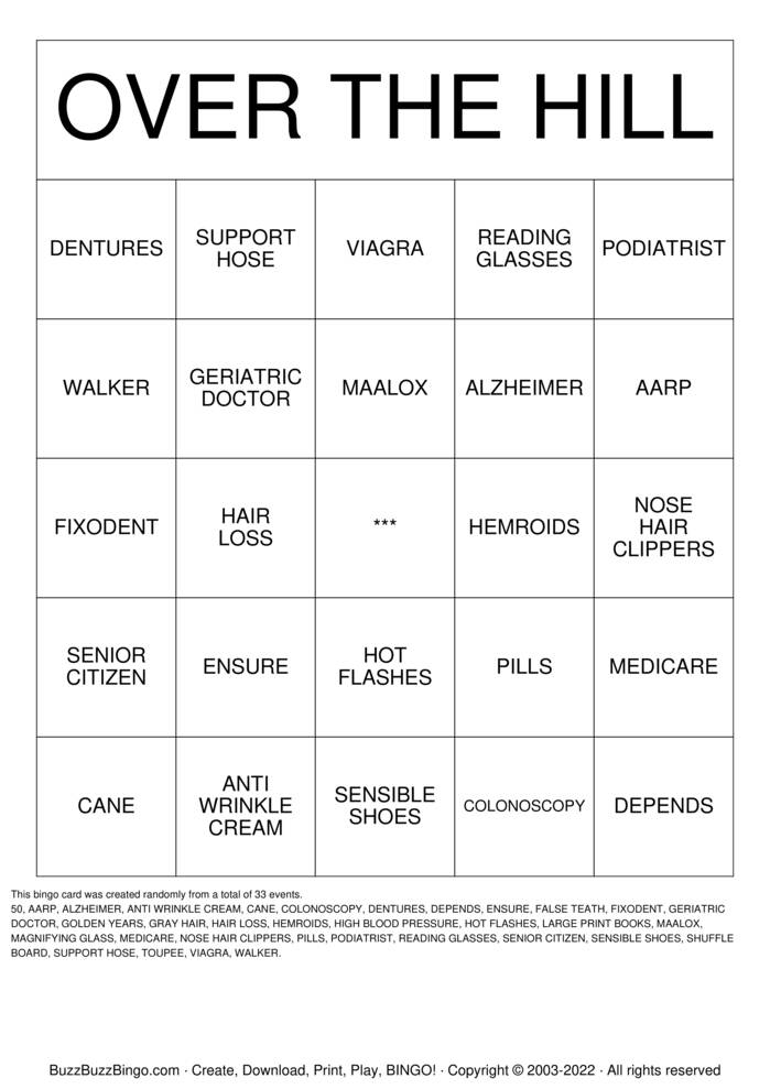Download Free OVER THE HILL Bingo Cards