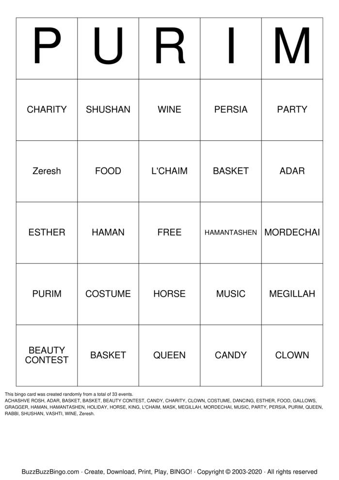 PURIM Bingo Cards to Download, Print and Customize!